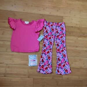 NWT Girls Size 5 Outfit - Pink Ruffle Sleeve Top & Floral Flare Pants